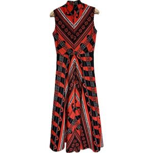 1970s Handmade Red & Navy Blue Black Keyhole Halter Maxi Dress Retro mod‎